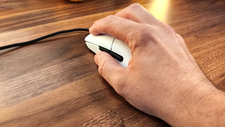A hand holding the mouse.