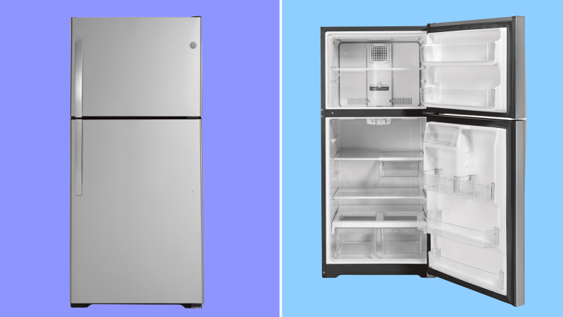 Product shot of the GE GTS19KSNRSS refrigerator with bottom door open to display empty shelves inside.