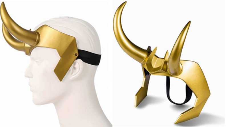Two images of the same pair of golden horn headbands.