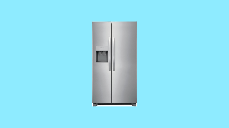 A stainless steel refrigerator sits on a blue background