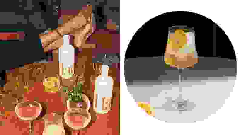 Left: A lifestyle image of a wooden table strewn with full-sized Haus aperitif bottles, full cocktail glasses, and a person's feet kicked up in a lounging position. Right: A hero shot of a citrus cocktail on ice in a sleek, modern wine glass.