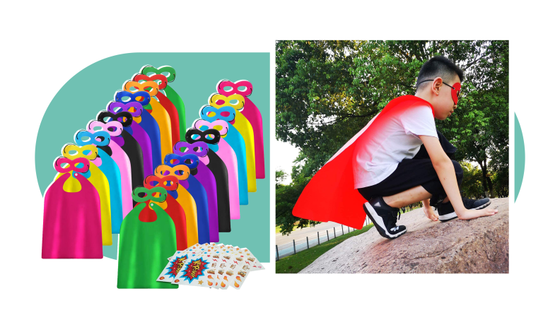 A pile of colorful kids capes and masks and a photo of a boy crouched on a rock wearing a red cape and mask