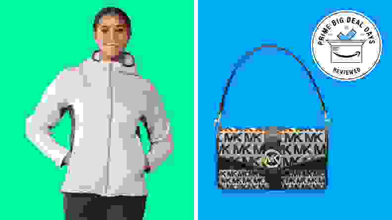 An REI Co-op jacket and a Michael Kors purse with the Prime Big Deal Days Reviewed badge in front of colored backgrounds.