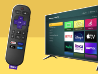 Roku Voice Remote next to the Hisense Class H4 Series LED Roku Smart TV with smart widgets on screen.