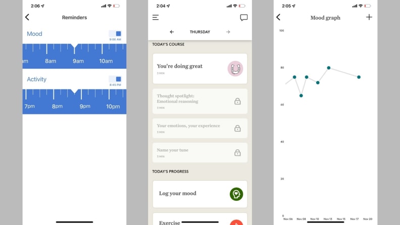 Three screenshots: set reminders, daily reading, mood graph