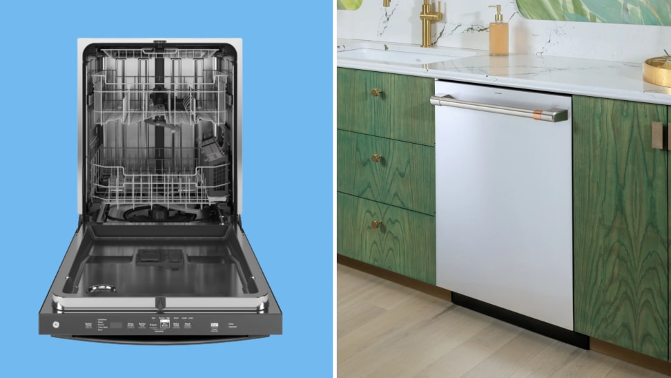 Left: An open KitchenAid dishwasher with a stainless steel interior. Right: A closed stainless-steel Café dishwasher.