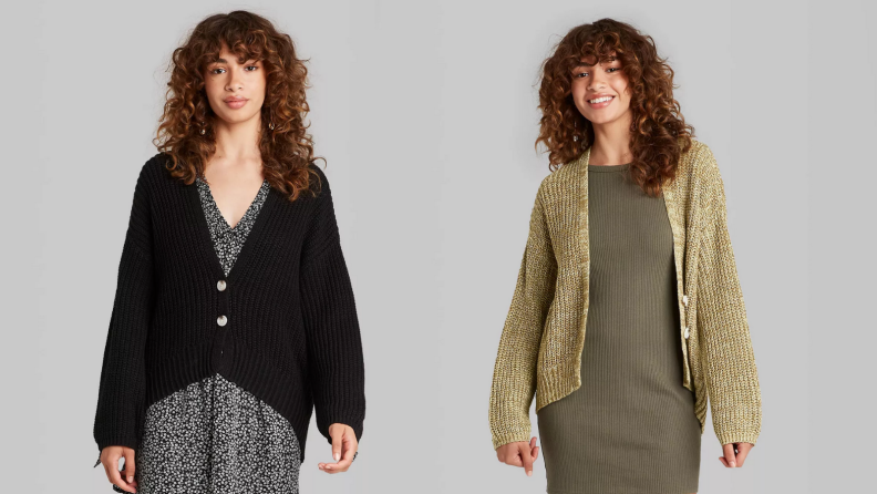Two images of the same sweater in different colors. The first image features a model wearing the sweater in black, the second features the same model in the sweater in the color yellow-green.