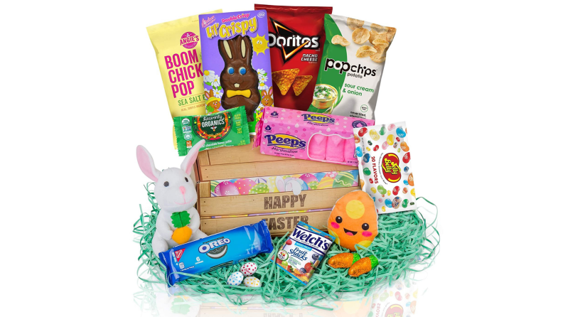 An Easter basket full of sweet and salty snacks