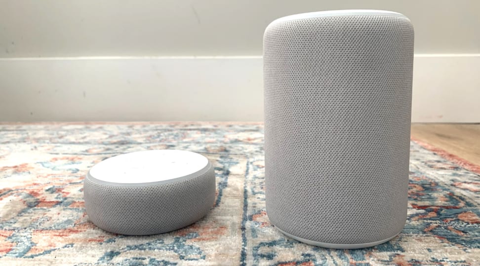 Amazon Echo Dot (third-gen) on the left and the Amazon Echo (third-gen) on the right.