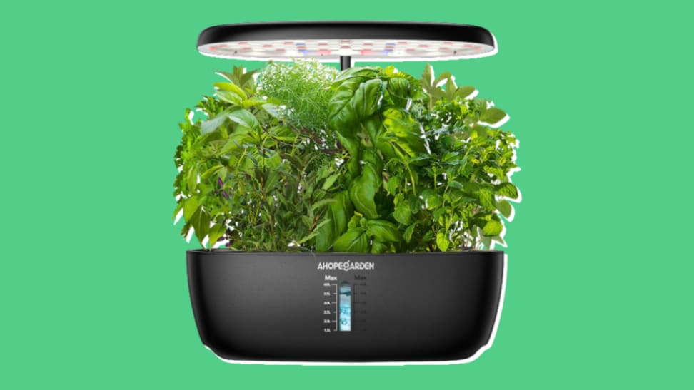 Front view of the Ahopegarden indoor growing system, with green plants growing, against a green background.