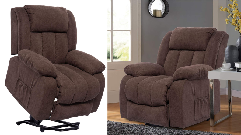 Side by side image of a brown Polar Aurora Power Lift Massage Recliner Chair. At left the chair on a white background. At right the chair in a living room