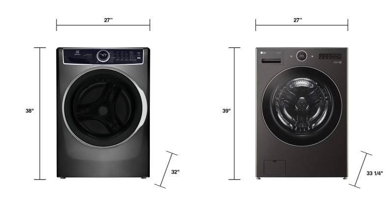 Electrolux ELFW7637AT and LG WM6700HBA Front-Load Washing Machines side by side with labels to measure their dimensions