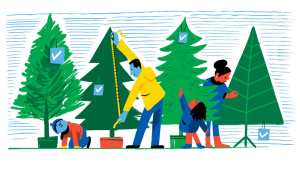 Cartoon graphic of people measuring and inspecting Christmas trees outdoors.