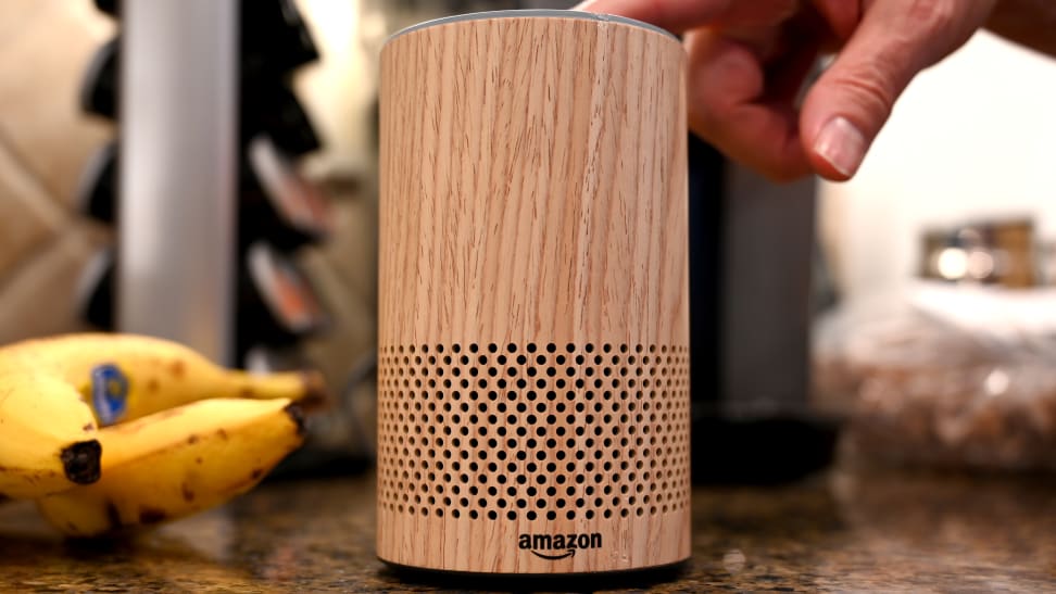 An Amazon Echo (third-generation) speaker sits on the counter.