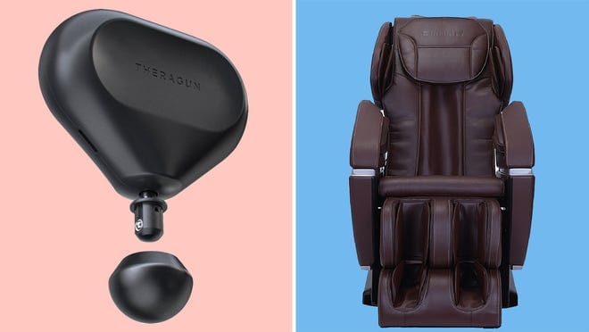 therabody mini massage device/brown massage chair