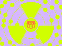 Cartoon graphic of a radioactive symbol with a residential home in the middle.
