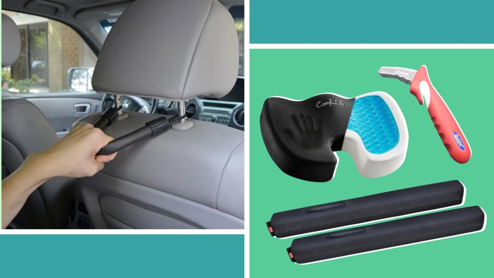 A photo of a grab bar attached to the back seat of a car. A cushion and seat-gap filler are also featured