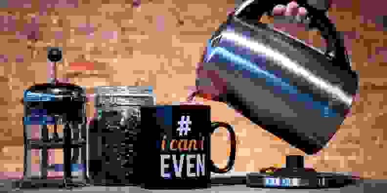 Electric kettle pouring water into a cup with the works "I can't even"