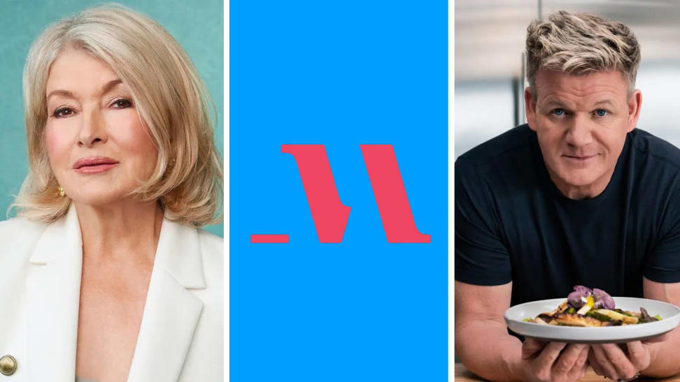Martha Stewart, left, and Gordon Ramsay next to the MasterClass logo in front of a colored background.