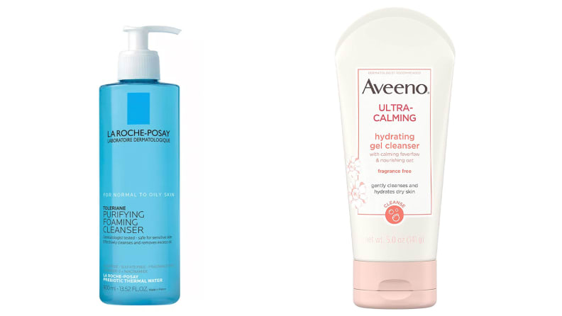 A side-by-side photo of the La Roche-Posay Toleriane Purifying Foaming Face Cleanser and the Aveeno Ultra-Calming Hydrating Gel Facial Cleanser.
