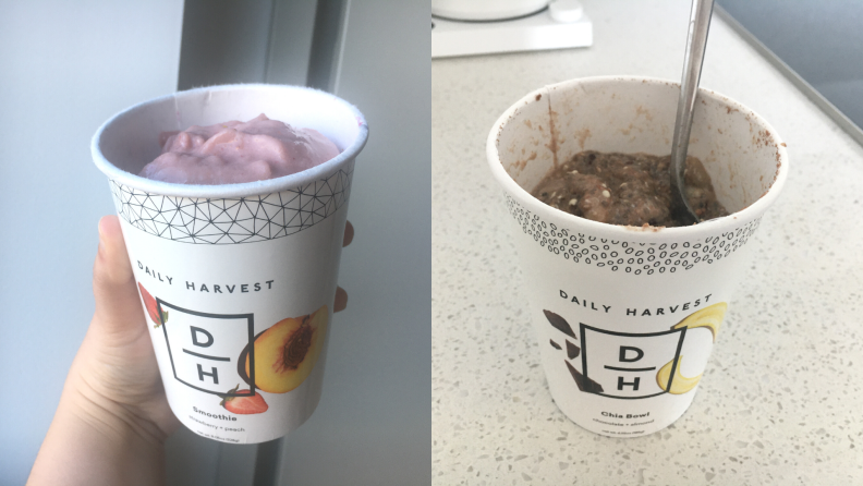 On left, hand holding a peach and strawberry smoothie in Daily Harvest cup. On right, a Daily Harvest chia bowl with a spoon inside.