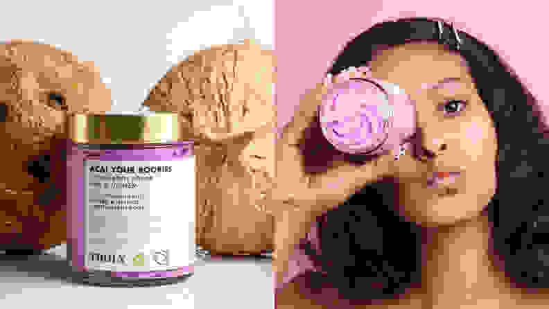 On the left: The clear jar of the Truly Beauty Acai Your Boobies Polish sits with two coconuts behind it. The purple polish is seen through the clear jar. On the right: A woman stares at the camera and holds the polish in front of her right eye while puckering her lips.