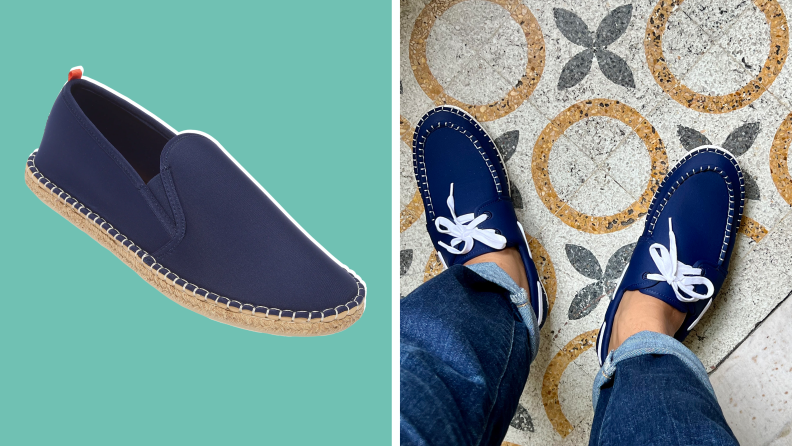 Close-up of the author’s feet in navy boat shoes, and a product shot of navy slip-ons.