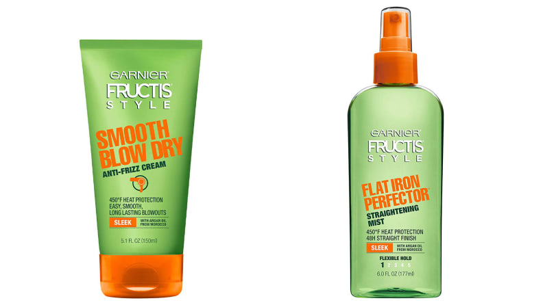 The products the author uses on her hair before blowdrying it.