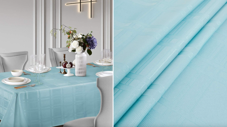Product shot of powder blue tablecloth.