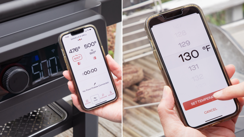 Two images of a person using the Current app in front of the grill to set temperatures.