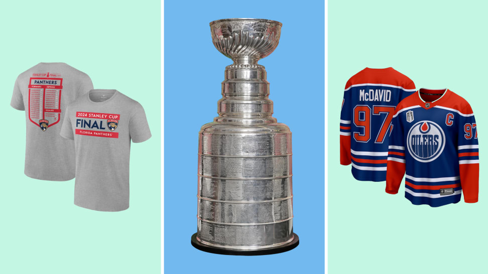A colorful collage with an Edmonton Oilers jersey, Florida Panthers shirt, and the Stanley Cup in the middle.