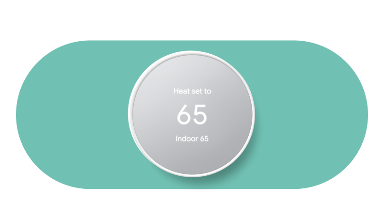 The Google Nest Thermostat on a teal background.