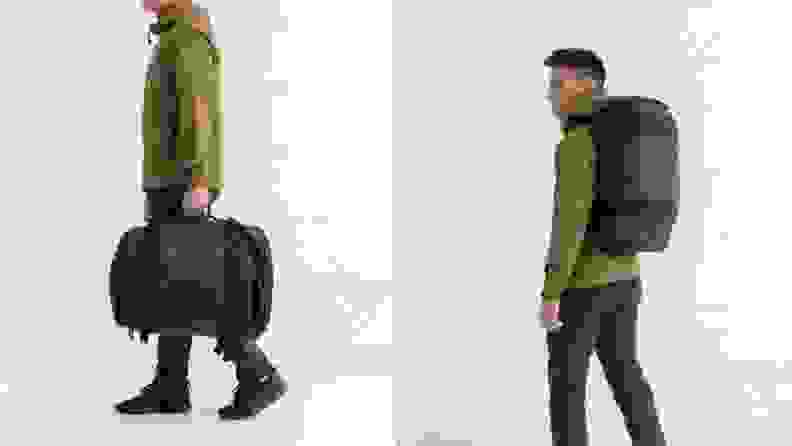 man holding Timbuk2 travel bag, man wearing Timbuk2 backpack