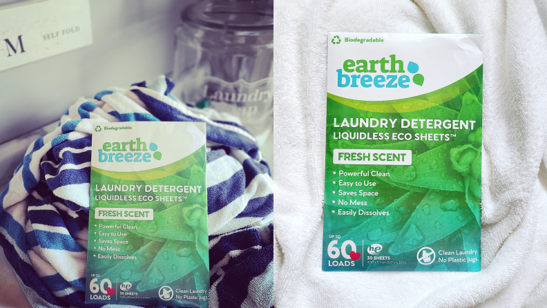 Two small boxes of Earth Breeze eco-friendly dryer sheet boxes side by side on top of towels.