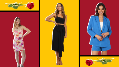 Roses with stems surround models wearing floral midi dress, black two-piece skirt set, and blue blazer and short set.