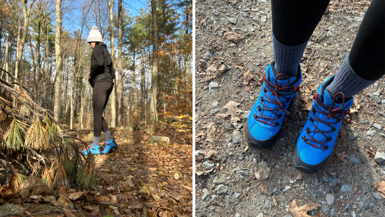 Collage of a woman wearing blue hiking boots. There are two separate photographs of the figure in the woods and a close-up of the boots.