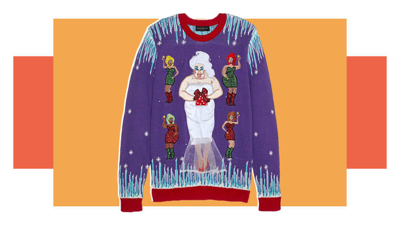 A purple ugly sweater featuring a pattern of drag star Divine in a white dress.