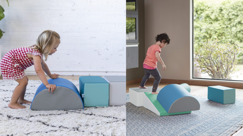 Two frames of young children playing on disassembled pieces of the play couch