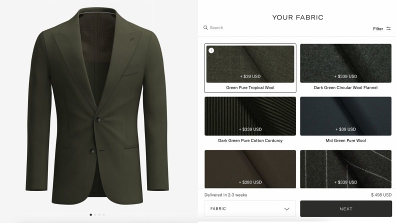 A screenshot of Suitsupply's Custom Made fabric sampling and jacket.