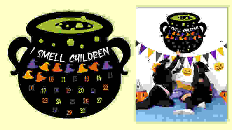 Countdown to Halloween for 30 Days Witch Cauldron calendar and kids using it on a light yellow background.