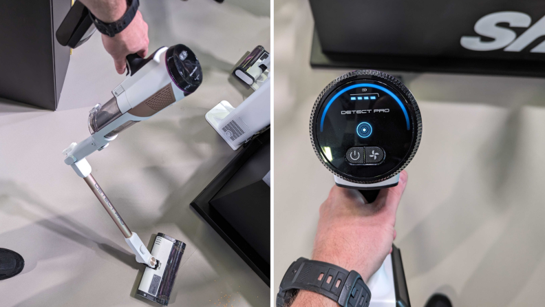 A side by side view of a person holding the Shark Detect Pro stick vacuum and a close up of the two button controls.