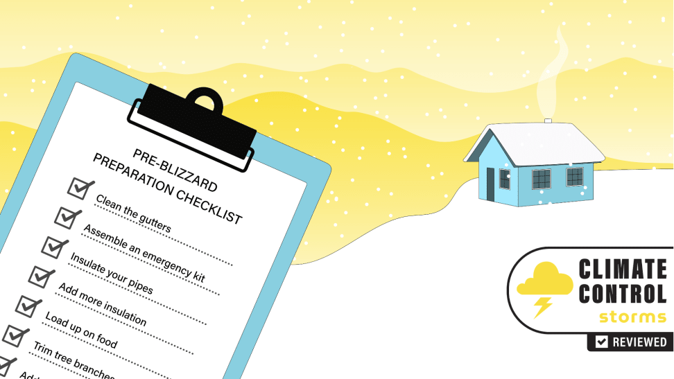 Graphic of a pre-blizzard checklist next to a cartoon home with snow on roof and surrounded by snow.