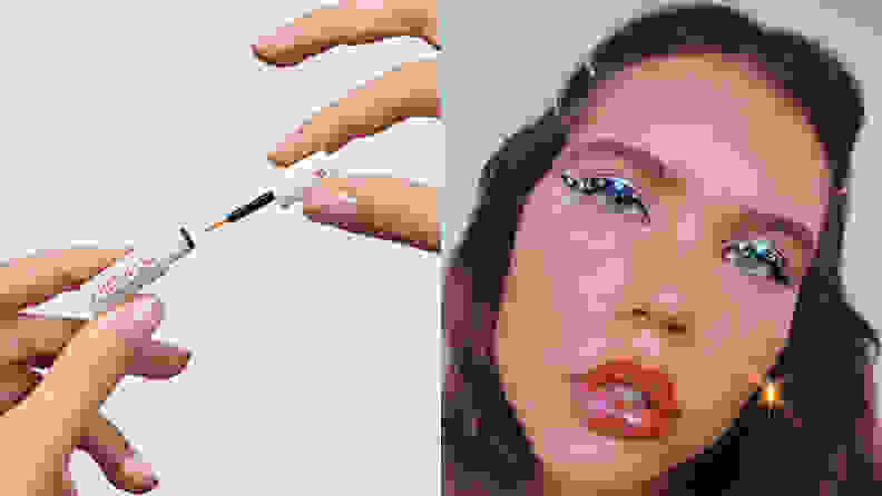 On the left: On a grey background, two hands hold either end of an open Freck Beauty OG Freckle Pen. On the right: A young person stares at the camera. They're wearing shiny lip gloss and thick, black eyeliner on their eyes with rhinestones positioned over the liner.