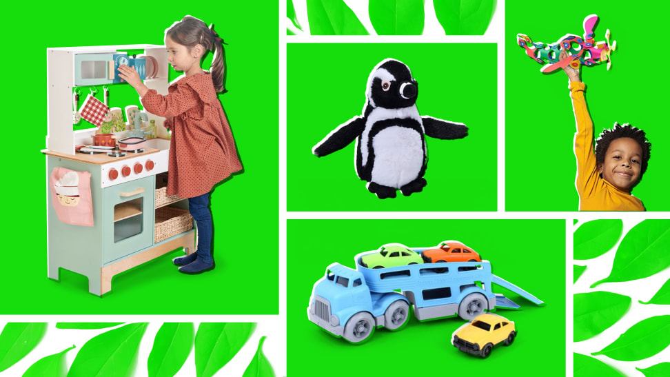 Four insert images of eco-friendly toys and children playing with them.