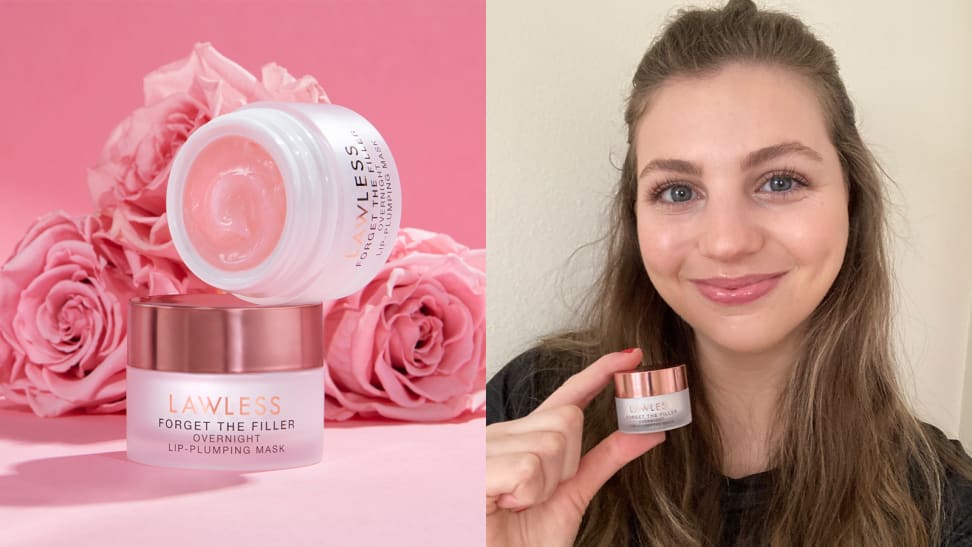 On the left: A white and gold lip mask jar with another uncapped jar on top of it front and center with pink roses in the background. On the right: The author smiling at the camera and holding the lip mask up.