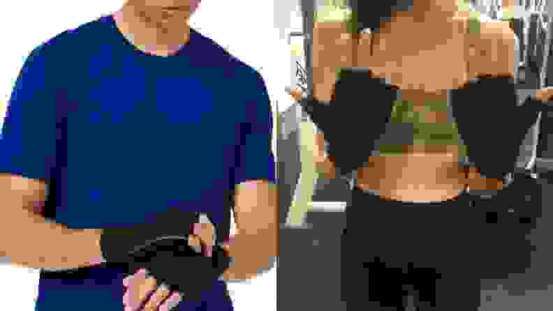 A man wearing workout gloves next to a woman wearing the same workout gloves