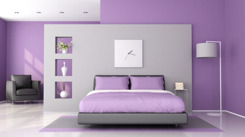 This lavender room has a lot of gray accents