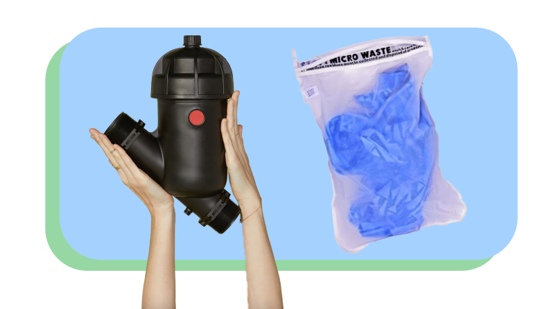 On left, two hands holding up the Girlfriend Collective Microfiber Filter in the air. On right, single blue microfiber cloth inside of the clear Guppyfriend Washing Bag.