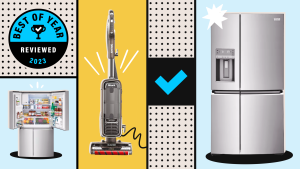 Collage with a blue-and-black circular graphic reading Best of Year, Reviewed 2023, and images of the Frigidaire Gallery GRQC2255BF, with door open and closed, and the Shark Apex AZ1002 vacuum in gray.