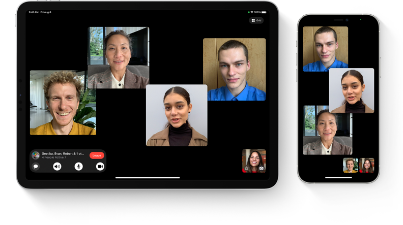 An iPad and an iPhone side-by-side, showing a group FaceTime call with four participants.